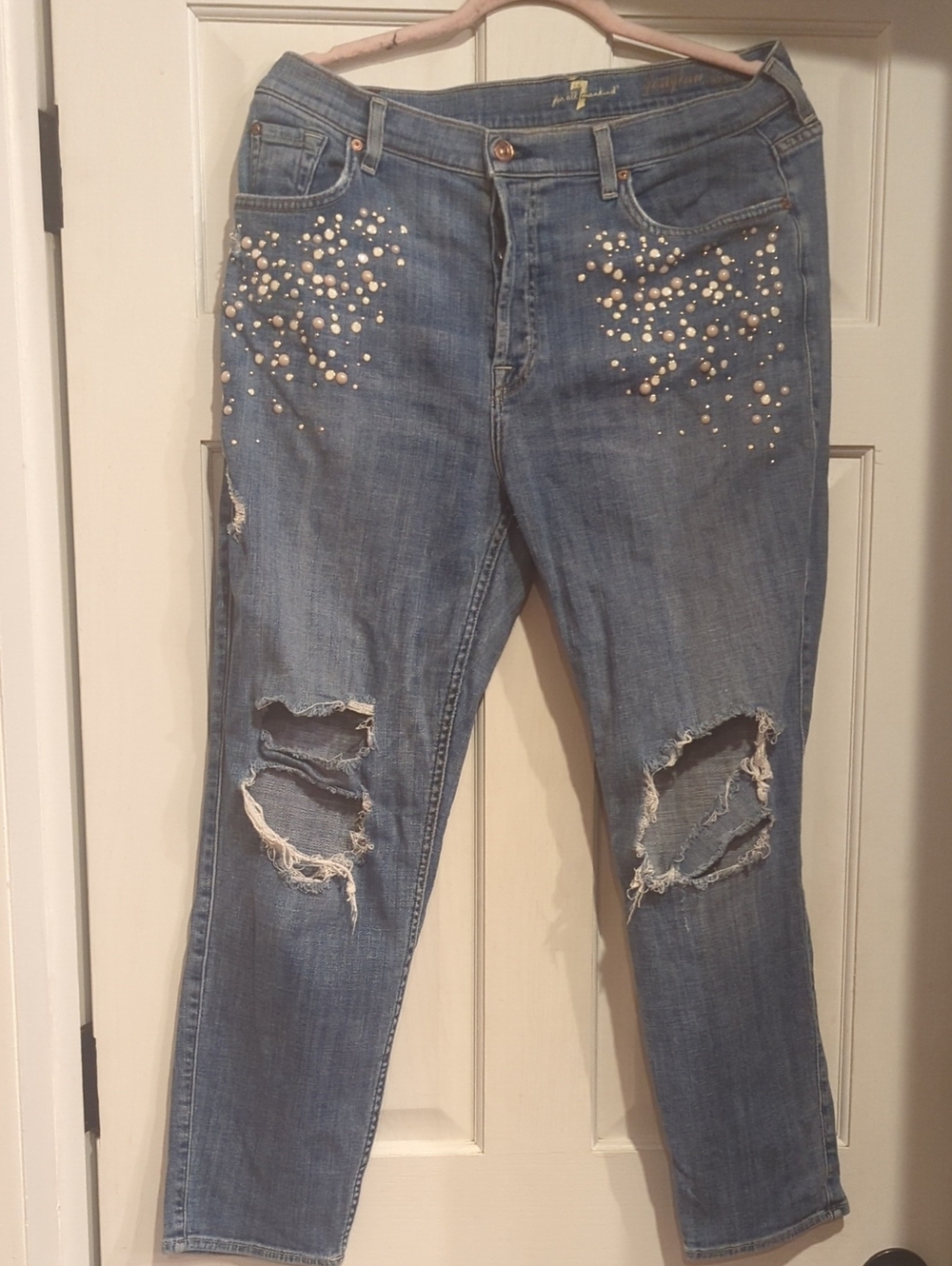 Distressed Skinny Jeans With Pearl-Stud Accents